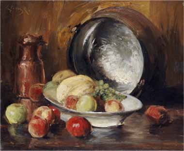 Painting Code#3552-Chase, William Merritt - Still Life with Fruit and Copper Pot