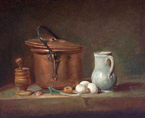 Painting Code#3585-Chardin, Jean-Baptiste-Simeon: Still Life with Copper Pan and Pestle and Mortar