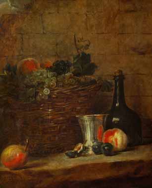 Painting Code#3748-Chardin, Jean-Baptiste-Simeon - Fruit Basket with Grapes, and a Silver Goblet