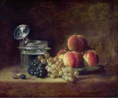 Painting Code#3753-Chardin, Jean-Baptiste-Simeon - Still Life with a Basket of Peaches, White and Black Grapes 