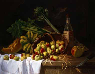 Painting Code#3795-Sir William Beechey - A Still Life with a Bottle of Wine, Rhubarb and an Upturned Basket of Apples on a Table
