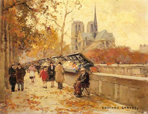Painting Code#40357-Edouard Leon Cortes: Booksellers Along the Seine with a View of Notre Dame