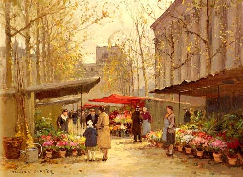 Painting Code#40362-Edouard Leon Cortes: Flower Stalls by the Madeleine