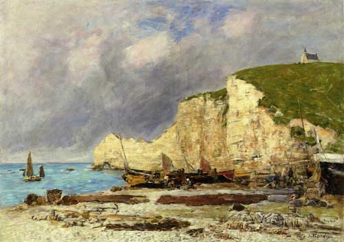 Painting Code#42295-Eugene-Louis Boudin - Etretat, Beached Boats and Falaise d&#039;Amont
