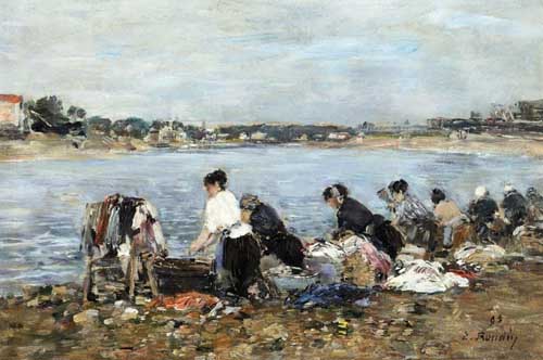 Painting Code#42313-Eugene-Louis Boudin - Laundresses on the Banks of the Touques