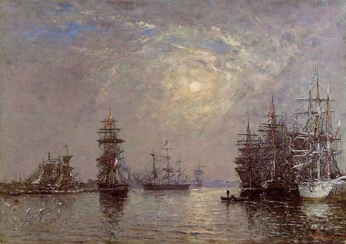 Painting Code#42317-Eugene-Louis Boudin - Le Havre, European Basin, Sailing Ships at Anchor, Sunset