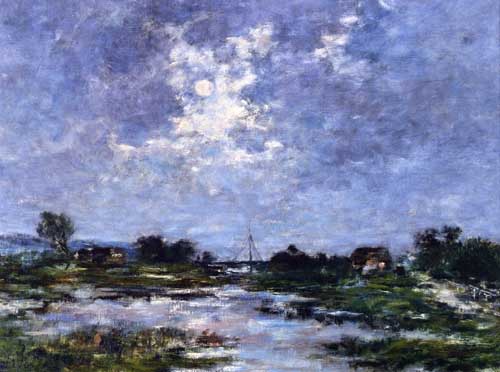 Painting Code#42321-Eugene-Louis Boudin - Moonlight on the Marshes, The Toques
