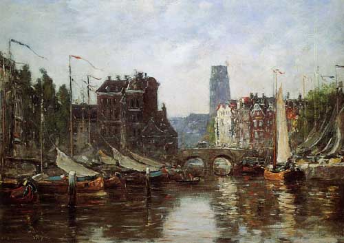 Painting Code#42329-Eugene-Louis Boudin - Rotterdam, Le Pont de Bourse