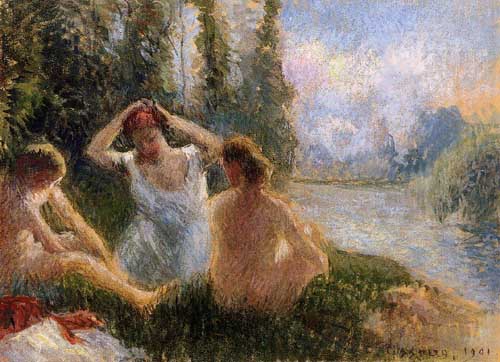 Painting Code#45103-Pissarro, Camille - Bathers Seated on the Banks of a River