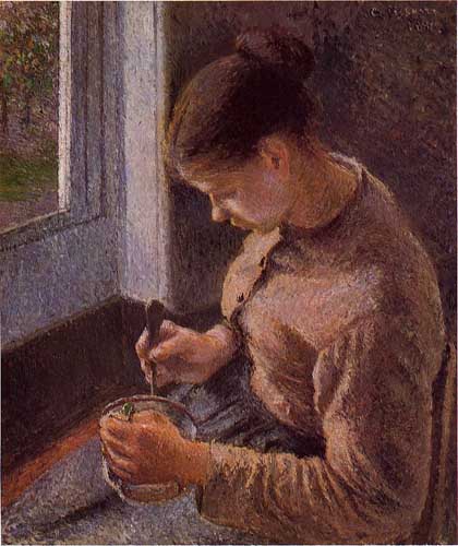 Painting Code#45104-Pissarro, Camille - Breakfast, Young Peasant Woman Taking Her Coffee
