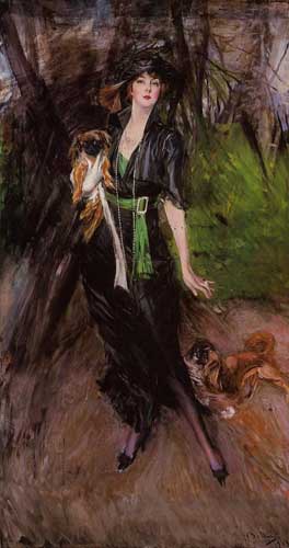 Painting Code#45570-Boldini, Giovanni(Italy) - Portrait of a Lady, Lina Bilitis, with Two Pekinese