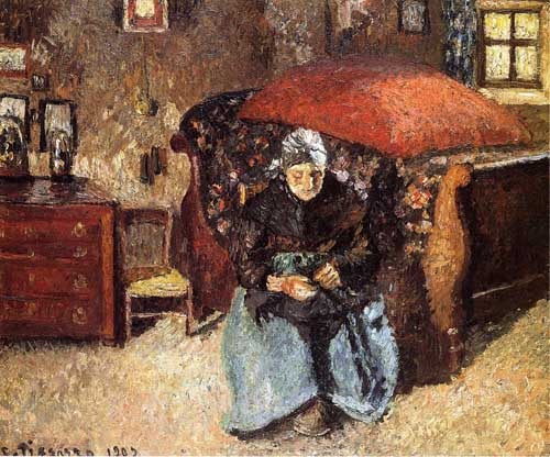 Painting Code#45776-Pissarro, Camille - Elderly Woman Mending Old Clothes, Moret