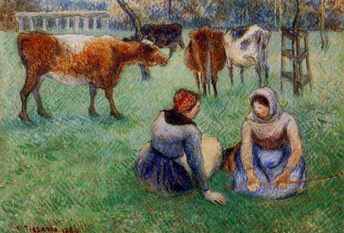 Painting Code#45822-Pissarro, Camille - Seated Peasants Watching Cows