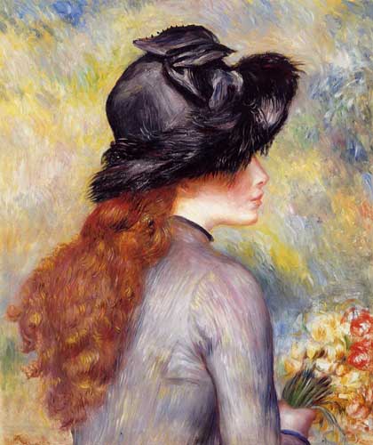 Painting Code#46018-Renoir, Pierre-Auguste - Young Girl Holding at Bouquet of Tulips