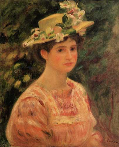 Painting Code#46032-Renoir, Pierre-Auguste - Young Woman Wearing a Hat with Wild Roses