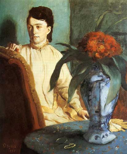 Painting Code#46161-Degas, Edgar - Woman with a Vase of Flowers (also known as Estelle Musson De Gas)