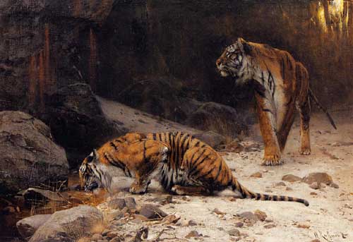 Painting Code#5146-Wilhelm Kuhnert - Tigers at a Drinking Pool