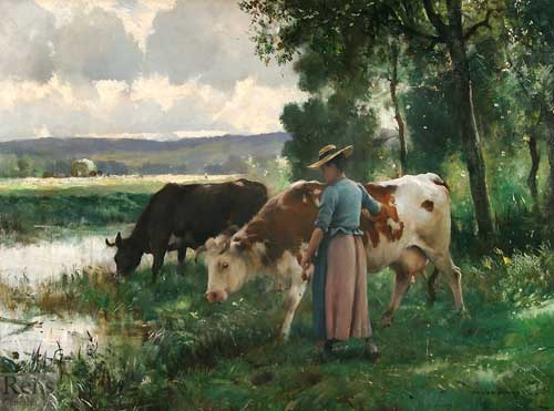 Painting Code#5161-Dupre, Julien(France): Les Vaches a l&#039;Abreuvoir