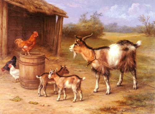 Painting Code#5300-Hunt, Edgar(UK): A Farmyard scene with goats and chickens