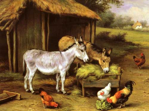 Painting Code#5304-Hunt, Edgar(UK): Chickens and Donkeys feeding outside a Barn