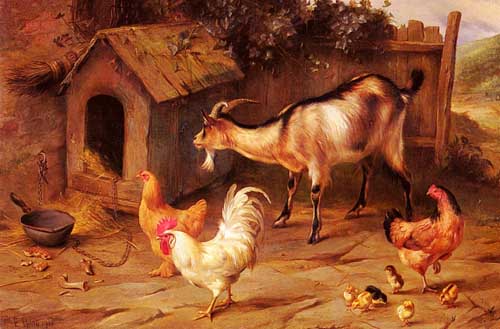 Painting Code#5309-Hunt, Edgar(UK): Fowl, Chicks And Goats By A Dog Kennel