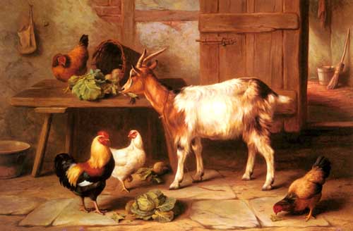 Painting Code#5310-Hunt, Edgar(UK): Goat and chickens feeding in a cottage interior