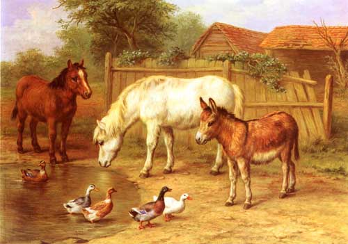 Painting Code#5312-Hunt, Edgar(UK): Ponies, Donkey and Ducks in a Farmyard