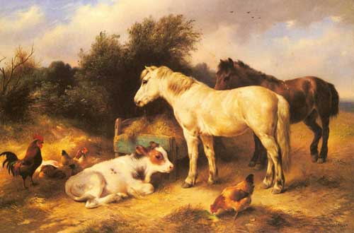 Painting Code#5317-Hunt, Walter(USA): Ponies, A Calf and Poultry In a Farmyard