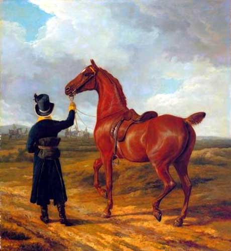 Painting Code#5352-Jacques-Laurent Agasse - Lord Rivers&#039; Groom Leading a Chestnut Hunter towards a Coursing Party in Hampshire