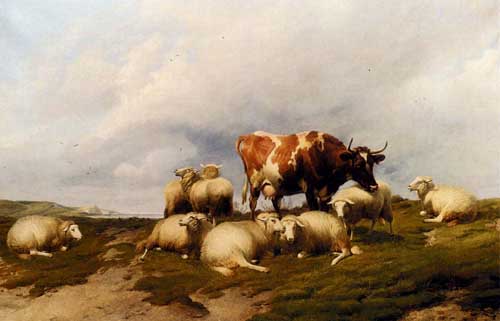 Painting Code#5639-Cooper, Thomas Sidney: A Cow And Sheep On The Cliffs 