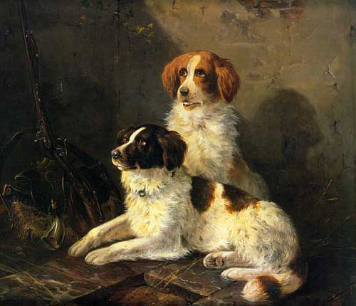 Painting Code#5652-Ronner-Knip, Henriette(Holland): Two Spaniels Waiting for the Hunt
