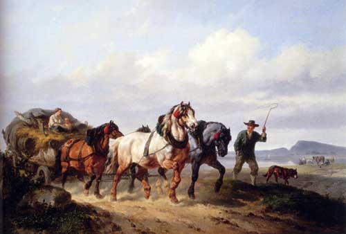 Painting Code#5660-Verschuur, Wouter(Danmark): Horses Pulling A Hay Wagon In A Landscape 
