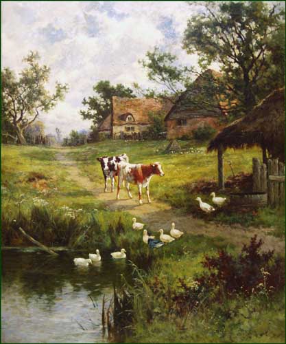Painting Code#5664-Henry Deacon Hillier Parker: Calves and Ducks on a Farm