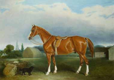 Painting Code#5827-Federico Ballesio - A Chestnut Hunter and a Spaniel by Farm Buildings