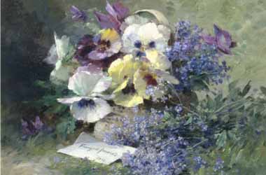 Painting Code#6002-Albert Lavault - Pansies and Forget-Me-Not