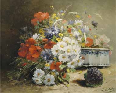 Painting Code#6006-Eugene Henri Cauchois - Still Life of Cornflowers, Poppies and Violets