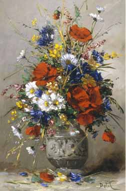 Painting Code#6022-Eugene Petit - Vase of Summer Flowers