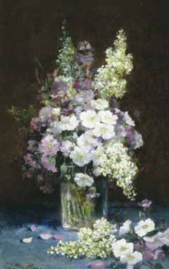 Painting Code#6026-Louis-Remy Matifas - Lilac and Summer Flowers in a Glass Vase