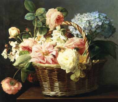 Painting Code#6028-Antoine Berjon - Still Life of Flowers in a Basket