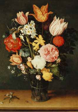 Painting Code#6035-Hendrik Avercamp - Tulips, Roses and Other Flowers in a Glass Vase