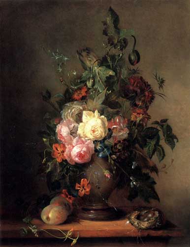 Painting Code#6042-Huygens, Francois-Joseph: Roses, Morning Glory, Poppies and Tulips with Peaches anda Bird&#039;s Nest on a wooden Ledge