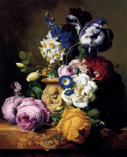 Painting Code#6046-Node, Charles-Joseph: Roses,Tulips, Morning Glory, Delphinium And Primrose Peerless In A Terra Cotta Vase On A Marble Ledge