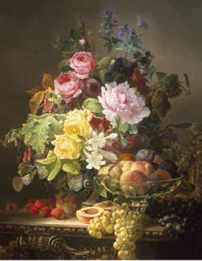 Painting Code#6052-Francois Duval - Still Life of Roses, Lilies and Strawberries