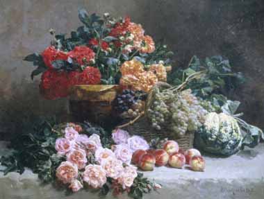 Painting Code#6063-Pierre Bourgogne - Rich Still Life of Fruit and Flowers