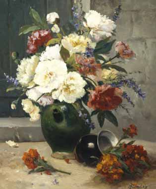 Painting Code#6070-Eugene Henri Cauchois - Still Life of Peonies and Wallflowers