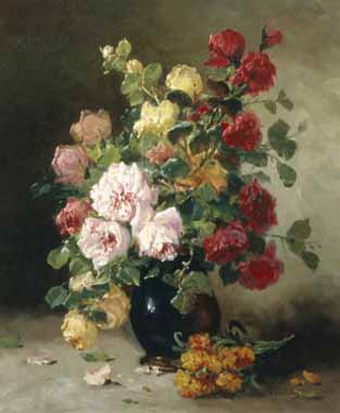 Painting Code#6071-Eugene Henri Cauchois - Still Life of Roses and Wallflowers