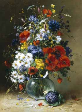 Painting Code#6074-Eugene Henri Cauchois - Summer Flowers in a Glass Vase