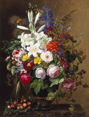 Painting Code#6079-Jensen, Johan Laurentz - Lilies, Pelargonium and Roses in a Greek Vase