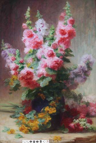 Painting Code#6086-Achilie Theodore Cesbron - Hollyhocks And Mixed Flowers 