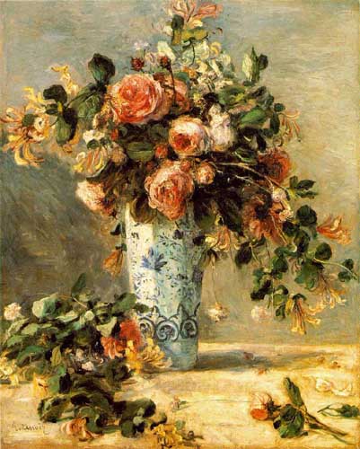 Painting Code#6254-Renoir, Pierre-Auguste: Roses and Jasmine in a Delft Vase